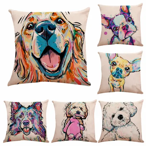Housse de Coussin en Lin Chien Dessin Animé Artistique Moderne Carré Motif Chiot Pop Art Taie d'Oreiller Pour Canapé Bureau Voiture Déco Maison