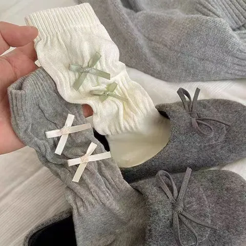 Women Bowknot Ballet Style Slouch Socks Japanese Ribbed Jacquard Mid Tube Socks Polyester Decorative Hosiery