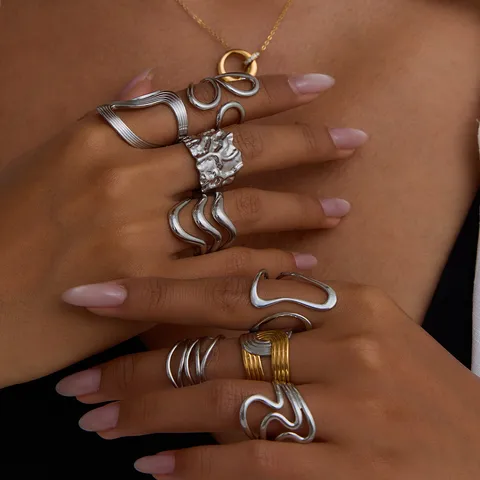 Irregular Wave Stainless Steel Rings For Women Waterproof Hypoallergenic Geometric Minimalist Chunky Fashion Jewelry