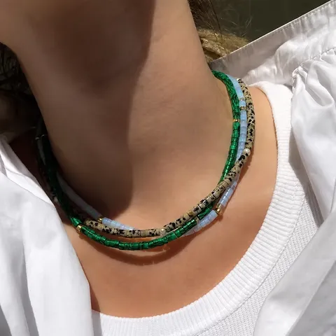 Natural Stone Beaded Necklace For Women Retro Greek Style Turquoise Obsidian Choker Necklace Handcrafted Jewelry Gift