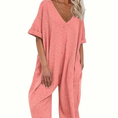 Damen V-Ausschnitt Kurzarm Jumpsuit Casual Lockerer Cargo Einteiler Romper Mit Taschen Und Elastischem Saum Polyester Pendler Stil