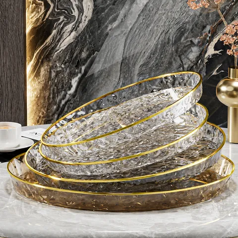 Plateau de Service Moderne en PET Ondulation d'Eau Avec Bordure Dorée Rond Transparent Plaque de Rangement pour Café Gâteau Thé