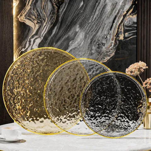 Plateau de Service Moderne en PET Ondulation d'Eau Avec Bordure Dorée Rond Transparent Plaque de Rangement pour Café Gâteau Thé