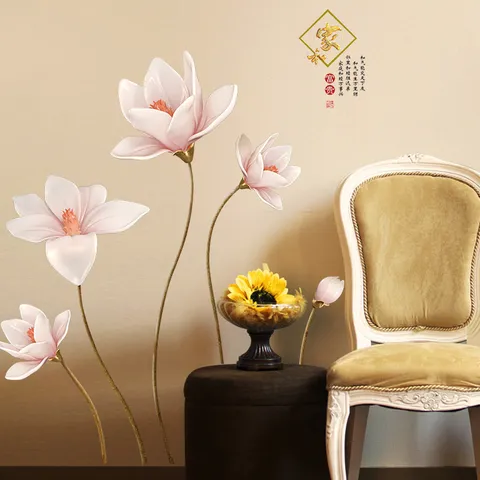 3D Relief Magnolia Flower Wall Sticker PVC Modern Chinese Style Decorative Decal For Living Room Bedroom TV Background