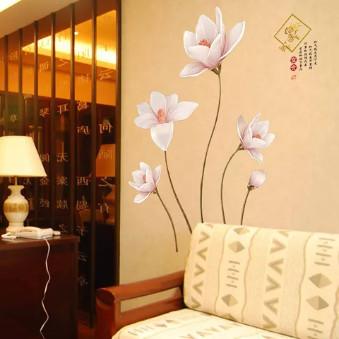 3D Relief Magnolia Flower Wall Sticker PVC Modern Chinese Style Decorative Decal For Living Room Bedroom TV Background
