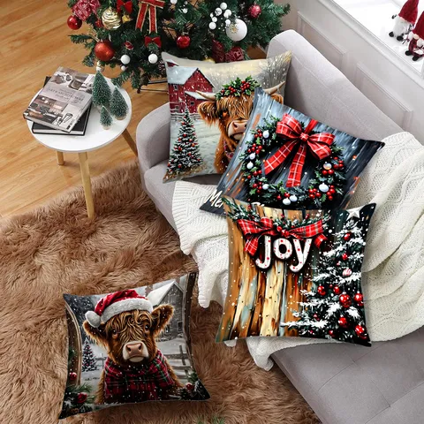 Taie d'Oreiller de Noël Vache Highland Impression Numérique Peluche Courte Douce Housse de Coussin Carrée pour Canapé Maison