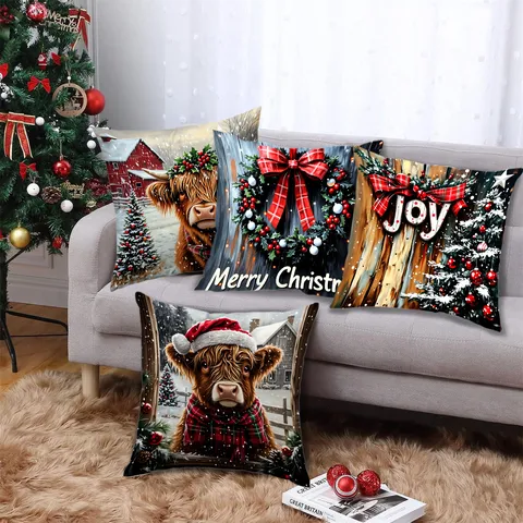 Taie d'Oreiller de Noël Vache Highland Impression Numérique Peluche Courte Douce Housse de Coussin Carrée pour Canapé Maison