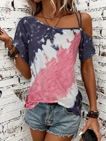 Damen Mode Batik T-Shirt Schulterfrei Asymmetrischer Ausschnitt Riemen Polyester Kurzarm Lässig Sommer Top Modisch