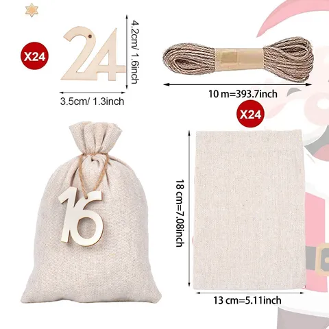 Kerst Adventskalender Cadeauzakjes Set Katoenen Trekkoord Zakjes Met Houten Clips Hennep Touw Voor Feestdagen Countdown Home Party Decoratie