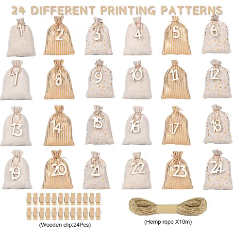 Kerst Adventskalender Cadeauzakjes Set Katoenen Trekkoord Zakjes Met Houten Clips Hennep Touw Voor Feestdagen Countdown Home Party Decoratie