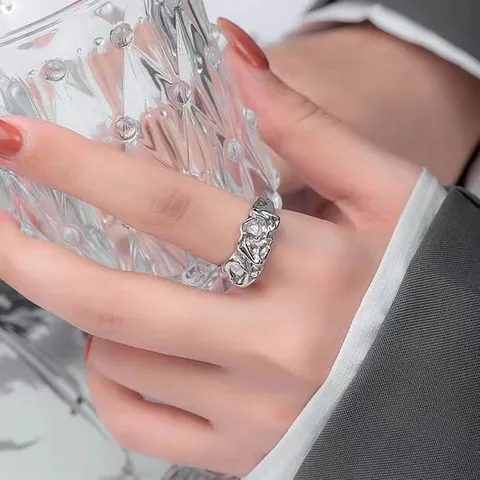 Irregular Tin Foil Texture Open Ring For Women Personalized Thai Silver Style Minimalist Adjustable Fashion Jewelry Finger Ring Gift