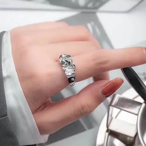 Irregular Tin Foil Texture Open Ring For Women Personalized Thai Silver Style Minimalist Adjustable Fashion Jewelry Finger Ring Gift
