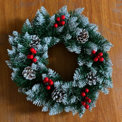 Christmas PVC Wreath Artificial Green Pine Wreath with Snow-Sprayed Tips Red Berries Pine Cones Xmas Decoration For Front Door Wall Ornament