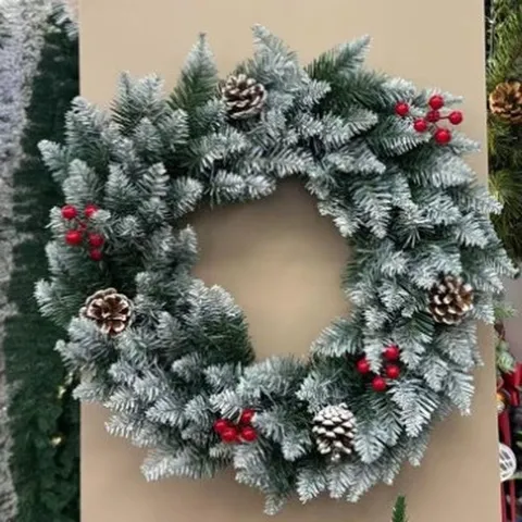 Christmas PVC Wreath Artificial Green Pine Wreath with Snow-Sprayed Tips Red Berries Pine Cones Xmas Decoration For Front Door Wall Ornament