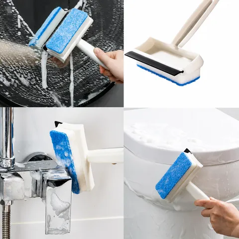 2-In-1 Double Sided Window Cleaning Brush With Squeegee Sponge Scrubber For Bathroom Mirror Tile PP Rubber Scraper