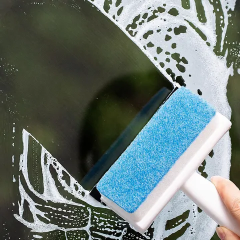 2-In-1 Double Sided Window Cleaning Brush With Squeegee Sponge Scrubber For Bathroom Mirror Tile PP Rubber Scraper