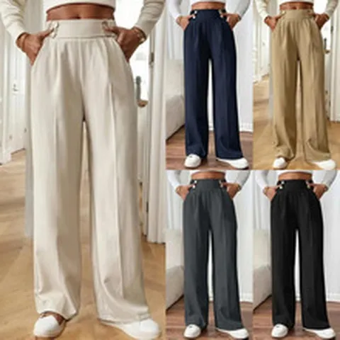 Pantaloni Donna a Gamba Dritta a Vita Alta Estate Pendolare Drappeggiati Pantaloni Casual a Gamba Larga Con Tasche Tinta Unita Pantaloni da Ufficio Larghi