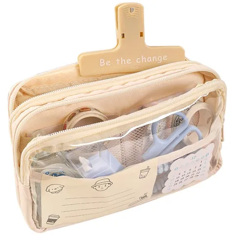 Trousse Transparente à 3 Couches de Grande Capacité pour Filles Étudiantes en Tissu PVC Imperméable Sac de Rangement Papeterie Boîte à Stylos Multicouche