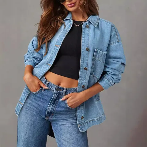 Chaqueta Vaquera Oversize para Mujer Mezcla de Algodón Manga Larga Estilo Boyfriend Abrigo de Mezclilla Con Bolsillos Grandes Botonadura Sencilla Dobladillo Dividido Streetwear Casual