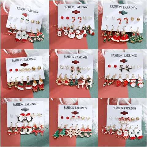 Set di Orecchini Natalizi Festivi Per Donna Lega Smalto Babbo Natale Renna Albero di Natale Strass Orecchini a Bottone e Pendenti Gioielli Regalo di Festa
