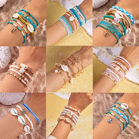 Böhmisch Strand Armband Set Für Damen Sommerurlaub Seestern Schale Bunte Perlen Lagen Handgefertigt Legierung Armband Schmuck Geschenk