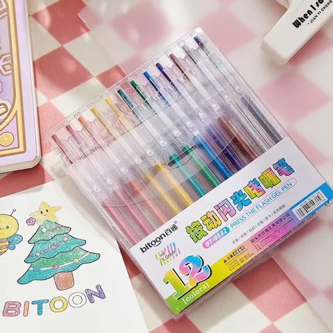Set di 12 Penne Gel Glitterate a Scatto Sabbie Mobili Punta 1.0mm per Scrapbooking Fai-da-te Disegno Studenti Cancelleria Scuola
