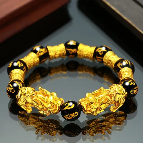Bracciale Pi Xiu per Donna Uomo Lega Placcata Oro Mantra Buddista Perline Bracciale Ricchezza Fortuna Amuleto Gioielli Etnici Stile Cinese