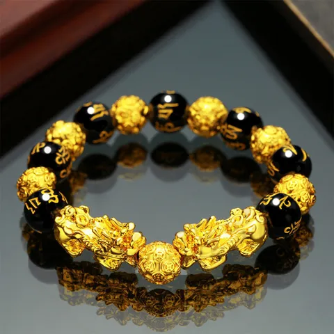 Pulsera Pi Xiu para Mujeres Hombres Aleación Chapada en Oro Mantra Budista Cuentas Pulsera Riqueza Suerte Amuleto Joyería Étnica Estilo Chino