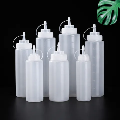 Durchscheinende Kunststoff Quetschflasche Mit Graduierter Skala Und Staubschutzkappe Für Küchensalatsauce Ketchup Spenderflasche