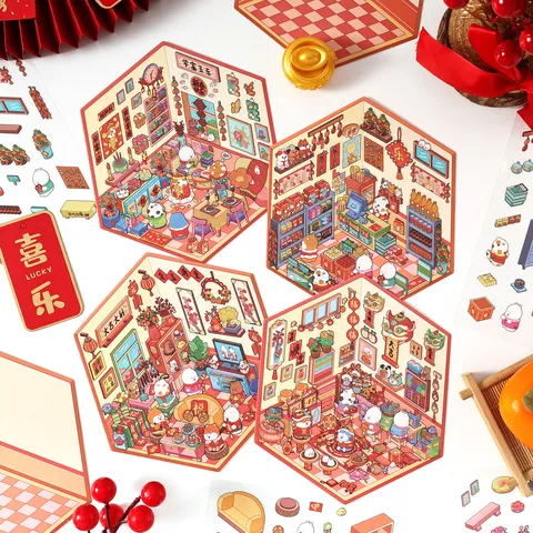 Collezione di Adesivi Scena 3D Capodanno Cinese Fai-da-te PET Cartoncino Bianco Danza Del Leone Festivo Dio Della Ricchezza Decorazione Interna Diario Scrapbooking