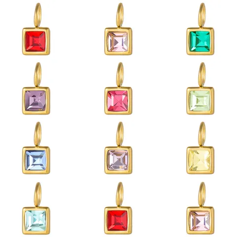 Charms de Piedra de Nacimiento con Strass de Colores Cuadrados Colgantes de Acero de Titanio para Hacer Joyas DIY Collar Pulsera Regalo Mujer