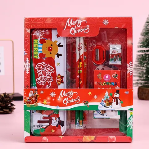 Set de Papelería de Navidad para Niños Estudiantes Útiles Escolares Papá Noel Alce Patrón Caja de Regalo de Mano para Celebración Escolar