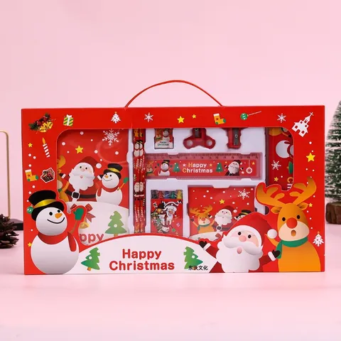 Set de Papelería de Navidad para Niños Estudiantes Útiles Escolares Papá Noel Alce Patrón Caja de Regalo de Mano para Celebración Escolar