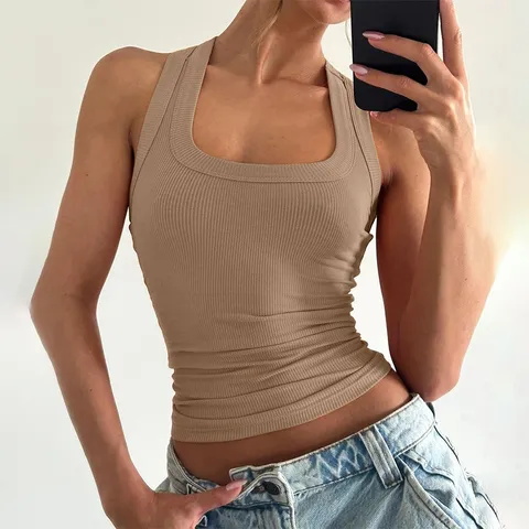 Women's Sexy Ribbed Tank Top Summer U-Neck Slim Fit Racerback Vest Fashion Solid Color Crop Top Streetwear Sleeveless Top