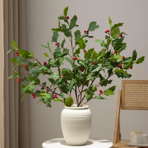 Künstliche Weihnachtsbeeren Zweige Stechpalmenblatt Stiele Simuliertes Grün Für Zuhause Festliche Feiertagsdekoration Tischschmuck