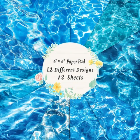 12 Φύλλα Μπλε Χαρτί Scrapbooking με Κυματισμό Νερού 6x6 Ίντσες Θέμα Θάλασσας για DIY Κατασκευές Διακόσμηση Δώρου
