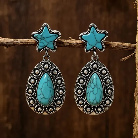 Pendientes Colgantes de Estrella y Gota Vintage para Mujer Aleación Étnica Bohemia Turquesa Sintética Pendientes Retro Plata Joyas