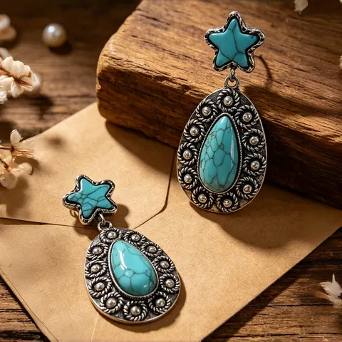 Pendientes Colgantes de Estrella y Gota Vintage para Mujer Aleación Étnica Bohemia Turquesa Sintética Pendientes Retro Plata Joyas