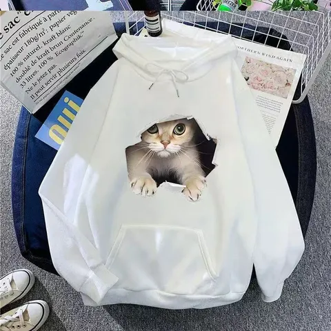Women 3D Cat Print Fleece Hoodie Oversized Pullover Long Sleeve Casual Hooded Sweatshirt Winter Warm Lazy Style Top