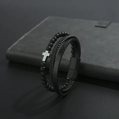 Vintage Meerlaagse Gevlochten PU Leren Armband Voor Heren Legering Kruis Bedeltje Zwarte Kralen Magneetsluiting Punk Sieraden