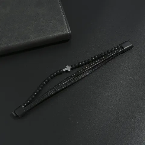 Vintage Meerlaagse Gevlochten PU Leren Armband Voor Heren Legering Kruis Bedeltje Zwarte Kralen Magneetsluiting Punk Sieraden