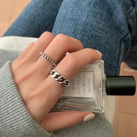 Vintage Thai Silver Plated Twisted Braided Open Ring For Women Korean Minimalist Hollow Chain Geometric Adjustable Finger Ring Jewelry Gift