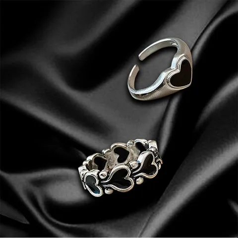 Vintage Versilbertes Kupfer Schwarzes Herz Offen Verstellbarer Ring Für Damen Herren Hip-Hop Minimalistisch Kaltem Stil Mode Fingerring Schmuck Geschenk
