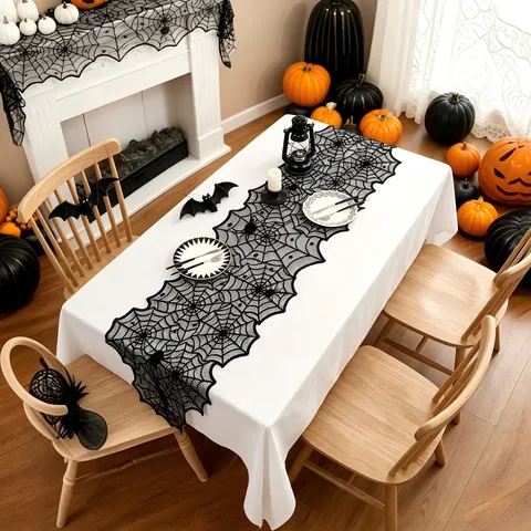 Halloween Schwarz Spitze Spinnennetz Tischläufer Gothic Polyester Tischdecke Für Party Zuhause Küche Esstisch Dekoration