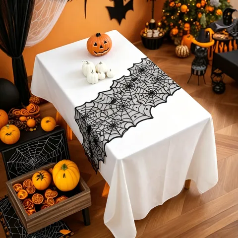 Halloween Schwarz Spitze Spinnennetz Tischläufer Gothic Polyester Tischdecke Für Party Zuhause Küche Esstisch Dekoration