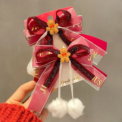 Pinza para el Cabello con Lazo de Navidad para Mujeres Niños Lindo Hombre de Jengibre Astas de Reno Campanas Accesorios para el Cabello de Satén Regalo de Fiesta