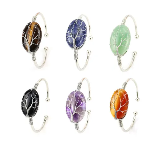 Handgemaakte Draadgewikkelde Natuursteen Levensboom Open Armband Etnische Stijl Amethist Lapis Lazuli Verstelbare Manchet Armband Sieraden