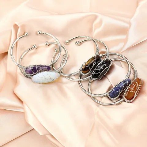 Handgemaakte Draadgewikkelde Natuursteen Levensboom Open Armband Etnische Stijl Amethist Lapis Lazuli Verstelbare Manchet Armband Sieraden