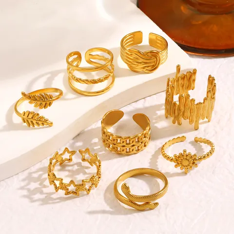 Luxurious 18K Gold Plated Stainless Steel Open Ring For Women Geometric Wave Snake Chain Pattern Adjustable Fashion Jewelry Finger Ring