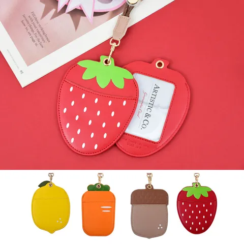 Cartoon Dier Vrucht Vorm PU Leer ID Kaarthouder Met Lanyard Creatieve Studenten Badge Bus Kaart Beschermhoes